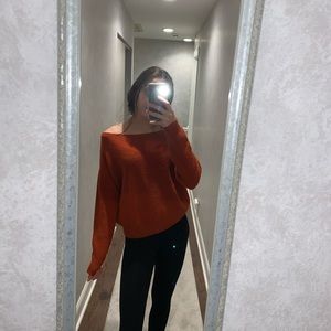 cute off the shoulder burnt orange sweater!!